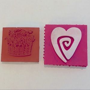 Two 2-2.5” Rubber Stamps Unmounted, Flower basket and Contemporary Heart, Crafts